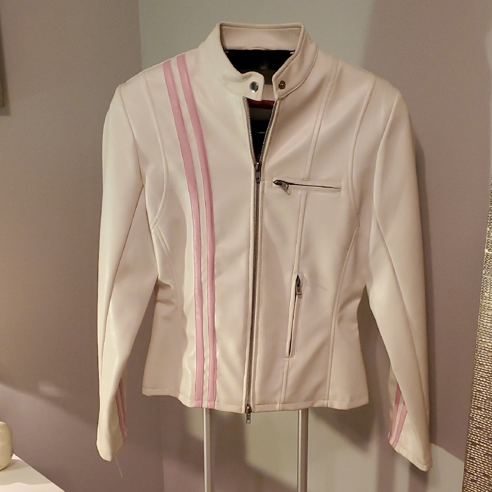 White and Pink Leather Jacket with Stand-Up Collar